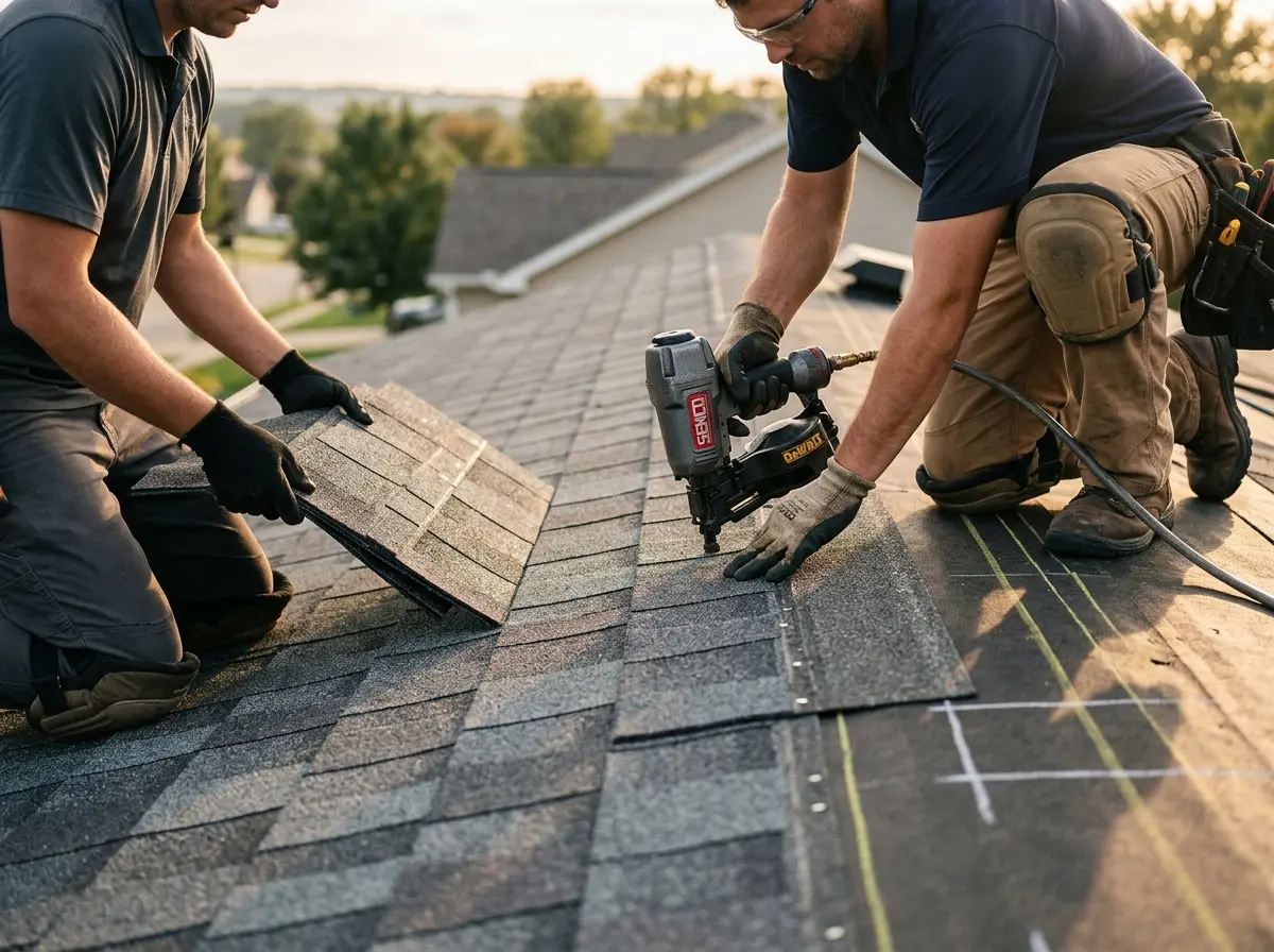 Professional roofer working on a residential roof in Huntington Woods